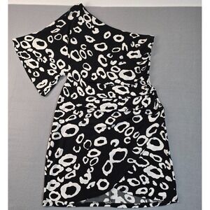 Women's One Shoulder Black White Abstract Print Ruched Dress Asymmetrical Medium
